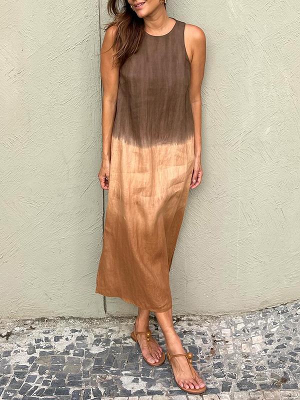 Melanie® | Sleeveless Cotton And Linen Long Dress With Slit And Gradient Tie-Dye