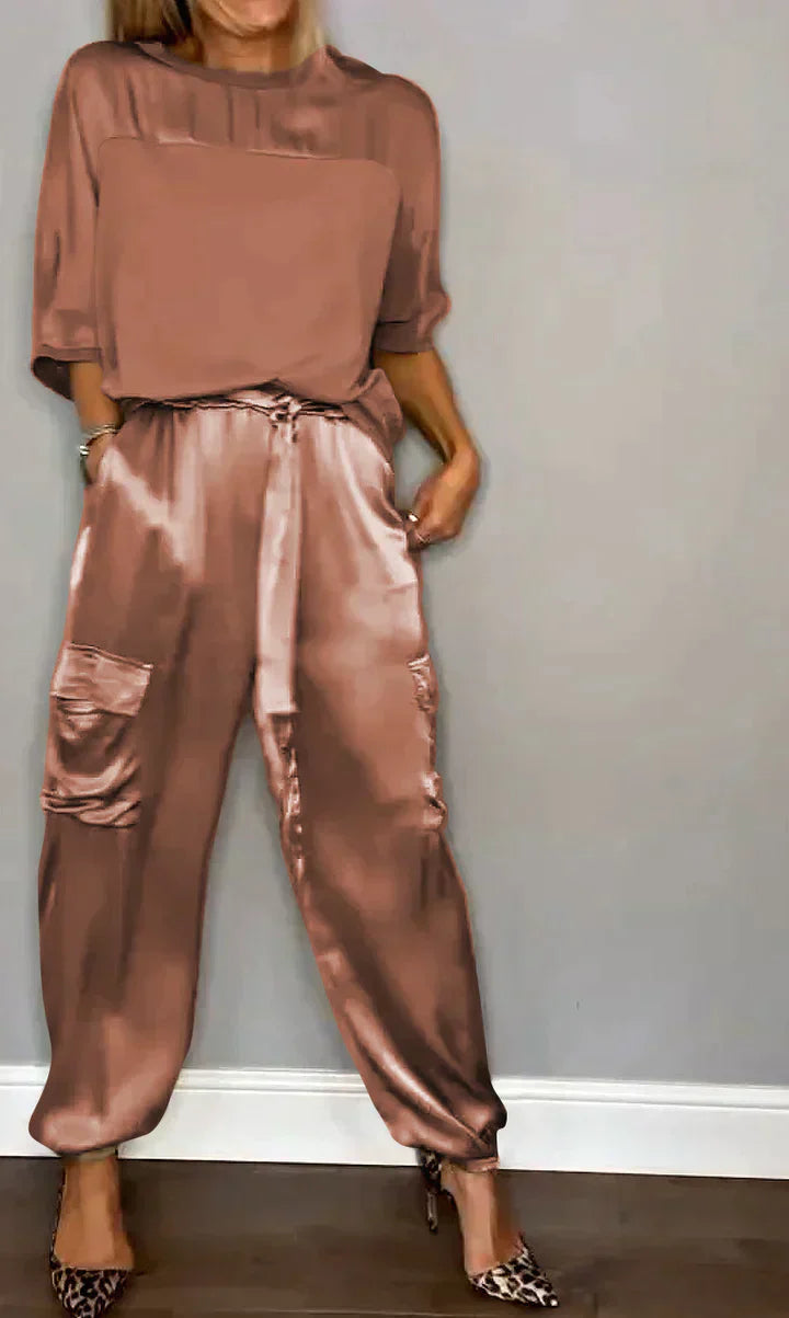 Amalia® | Women'S Two-Piece Plain Satin Top And Midi Pants Suit