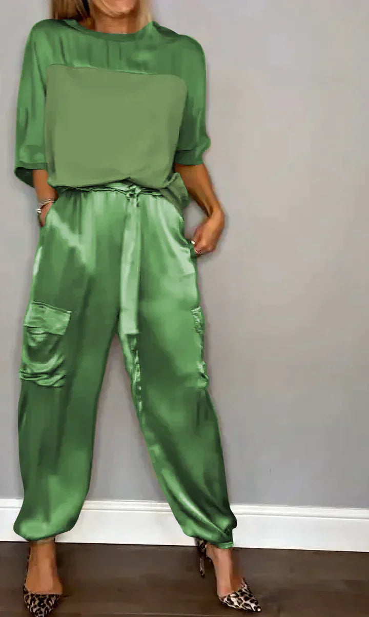 Amalia® | Women'S Two-Piece Plain Satin Top And Midi Pants Suit