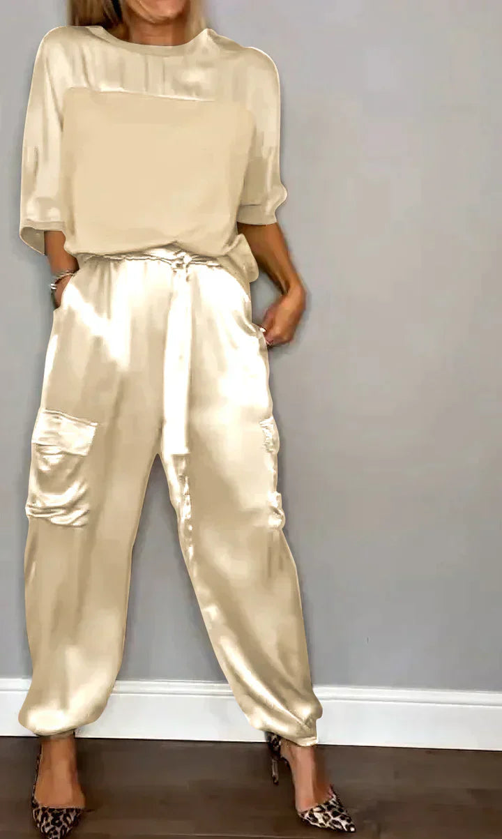 Amalia® | Women'S Two-Piece Plain Satin Top And Midi Pants Suit