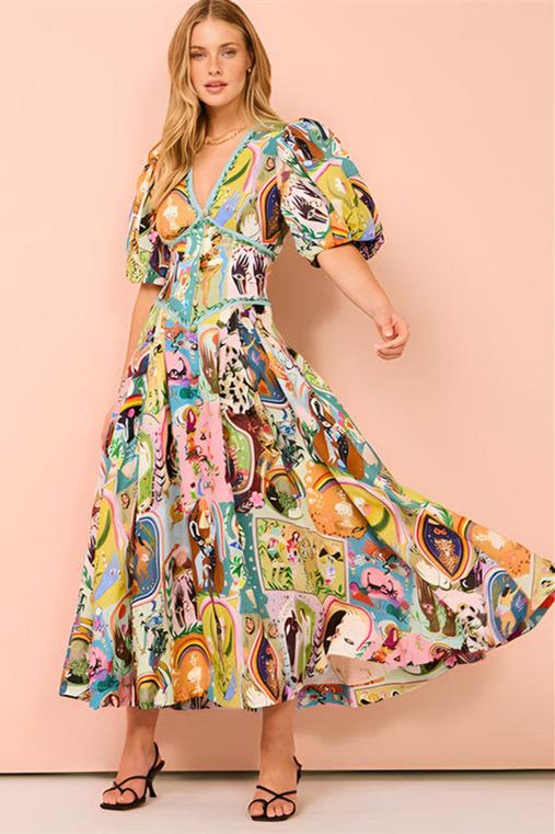 Paty® | V-Neck Puff Sleeve Midi Dress