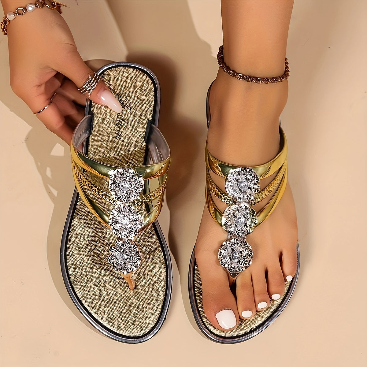 Barbara | Orthopedic Rhinestone Thong Sandals
