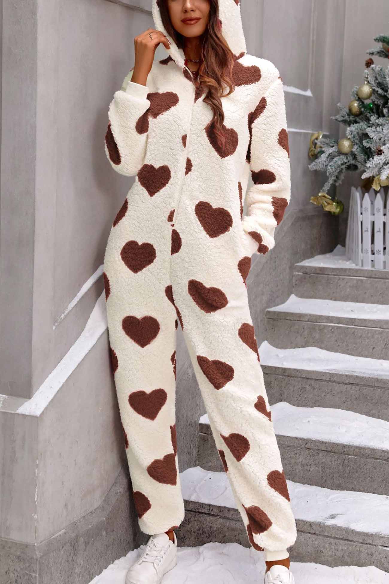 Vittoria | Plush heart jumpsuits with hood and zip