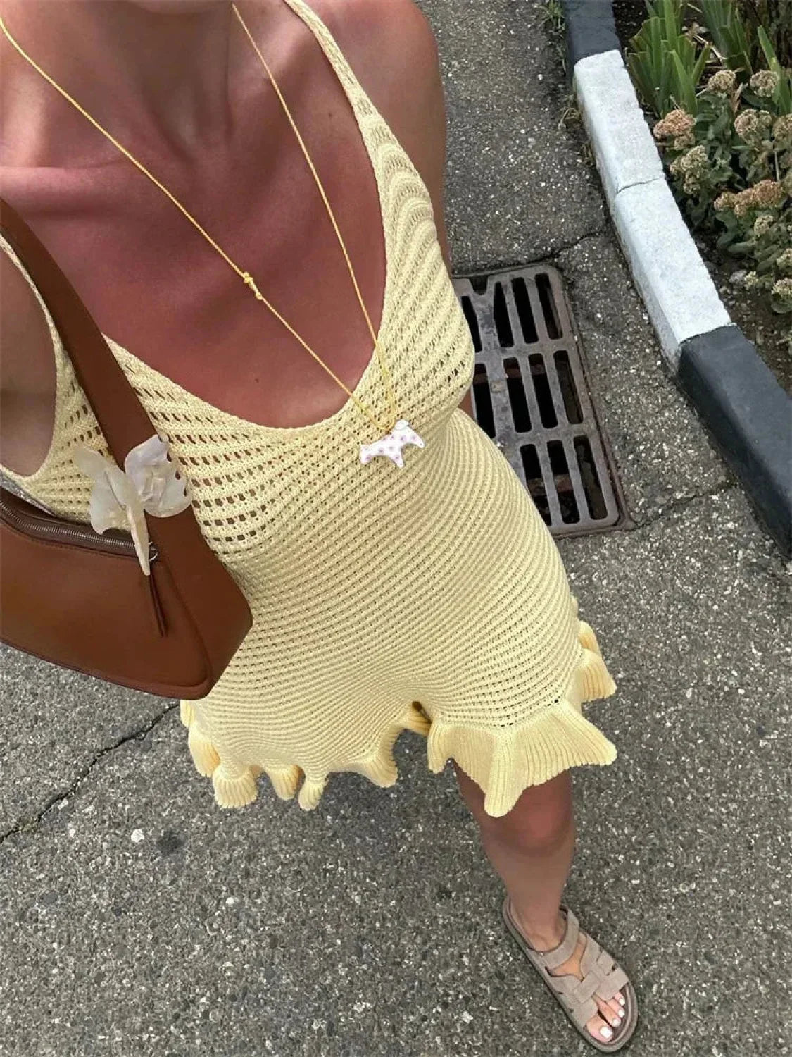 Knit Hollow-Out V-Neck Mini Dress