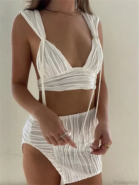 Knitted Deep V-neck Tank Crop Top High Waist Split Mini Skirt Set