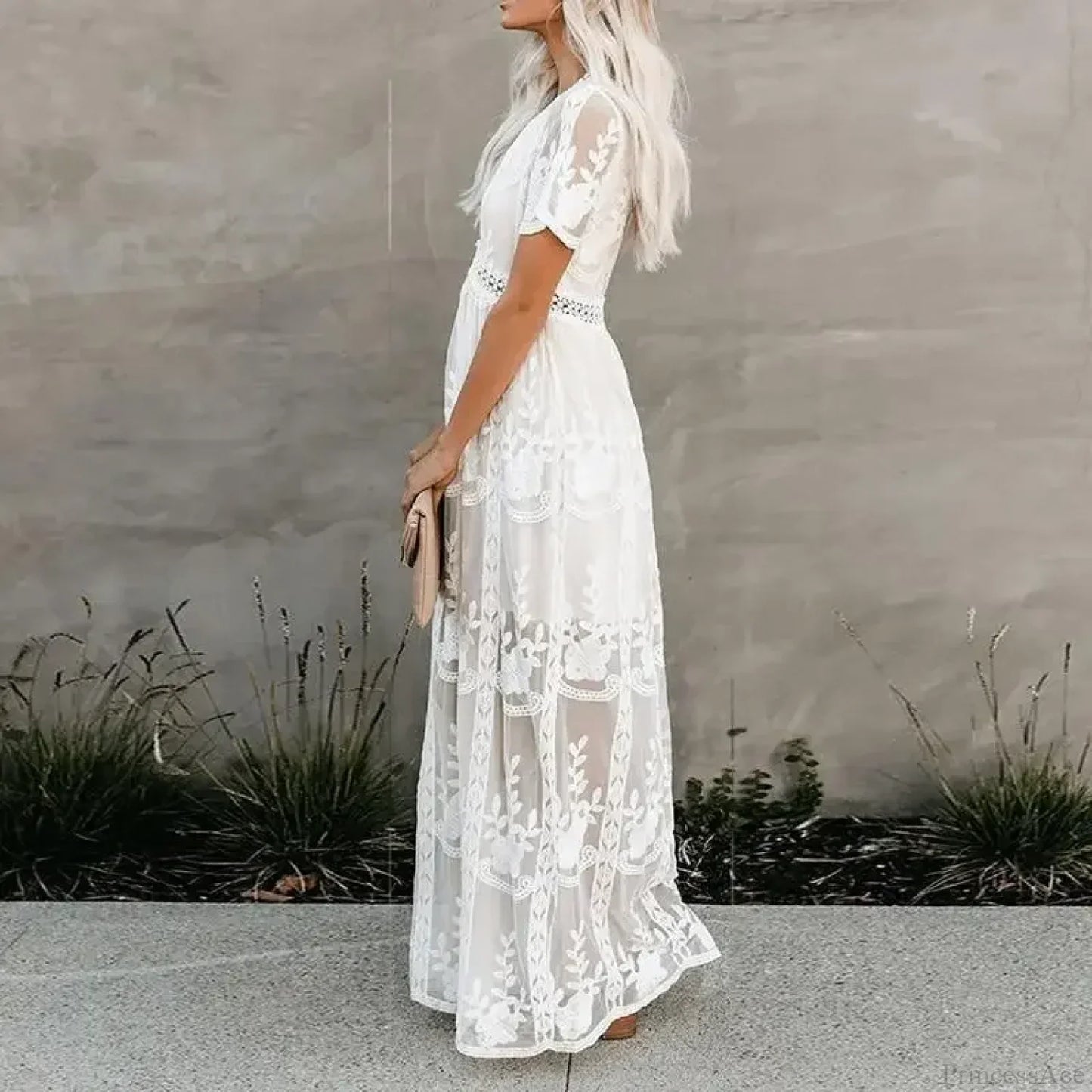 Lace Embroidery Patchwork Long Sleeve White Boho Dress