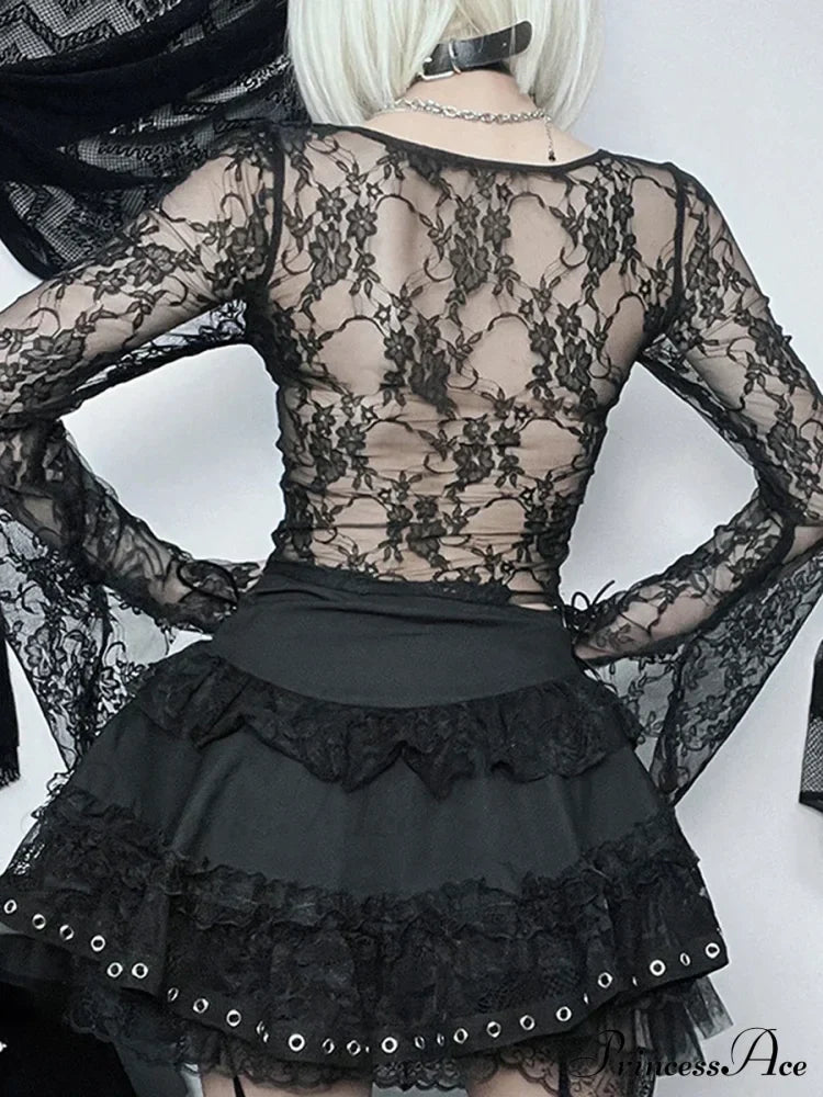 Lace Fairy Grunge V-neck See-Through Slim Fit Stylish Elegant Trendy Classic Crop Top