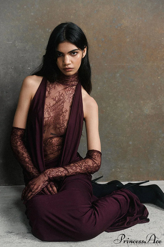 Lace Panel Halterneck Deep V Ruched Party Dress