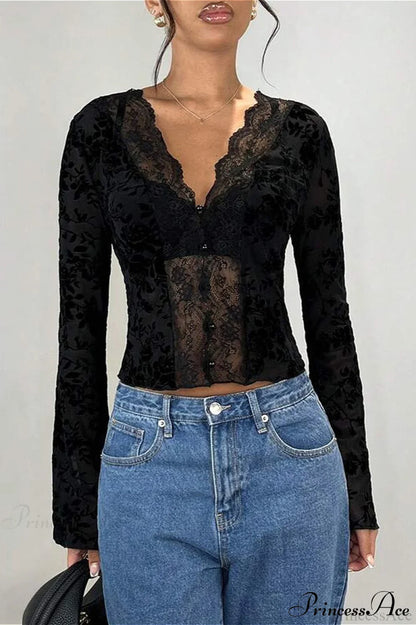 Lace Panel Leopard Slim Flared Sleeve Long Sleeve Tee