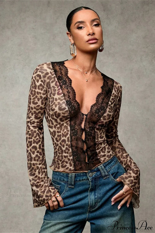 Lace Panel Leopard Slim Flared Sleeve Long Sleeve Tee