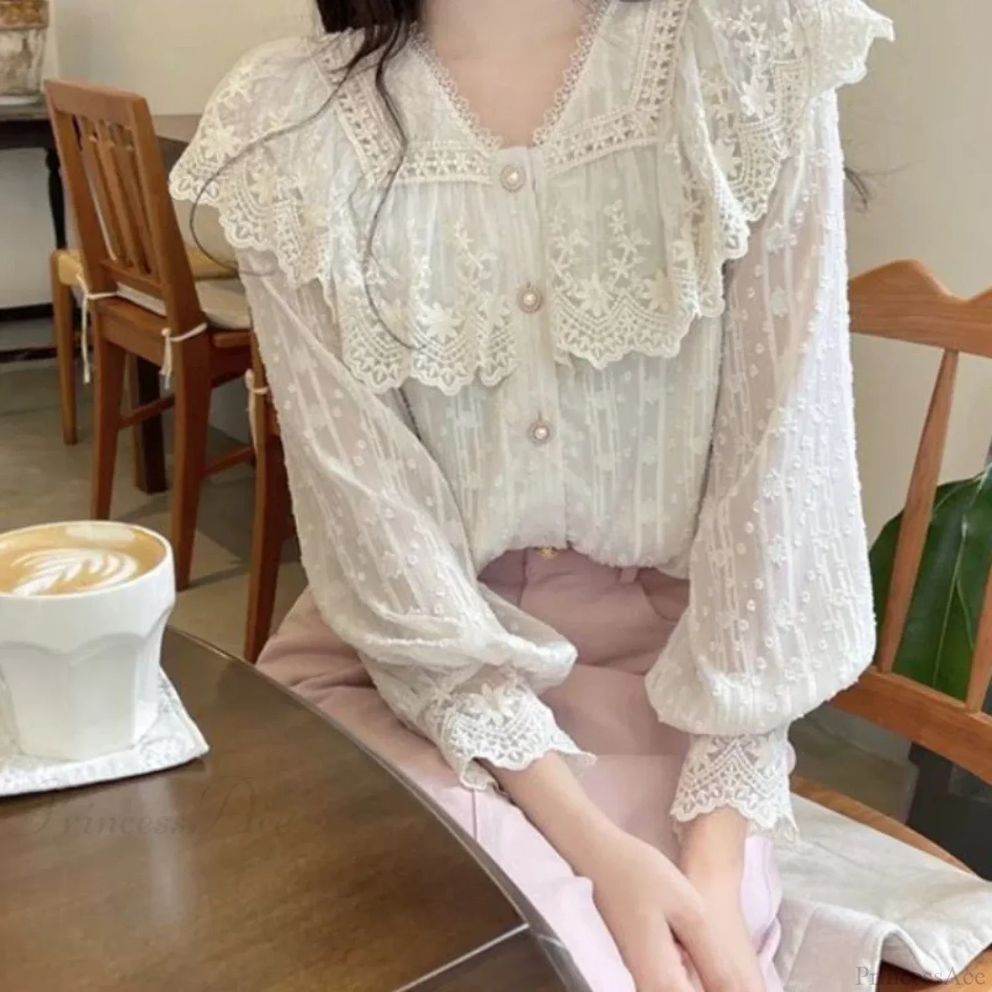 Lace Ruffle Edge Long Sleeve Blouse Sweet Blouse