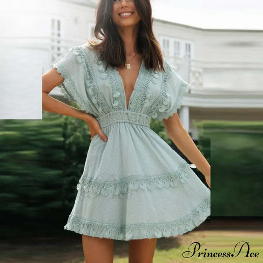 Lace Tie Up Beach Modern Ladies Ruffle Mini Dress