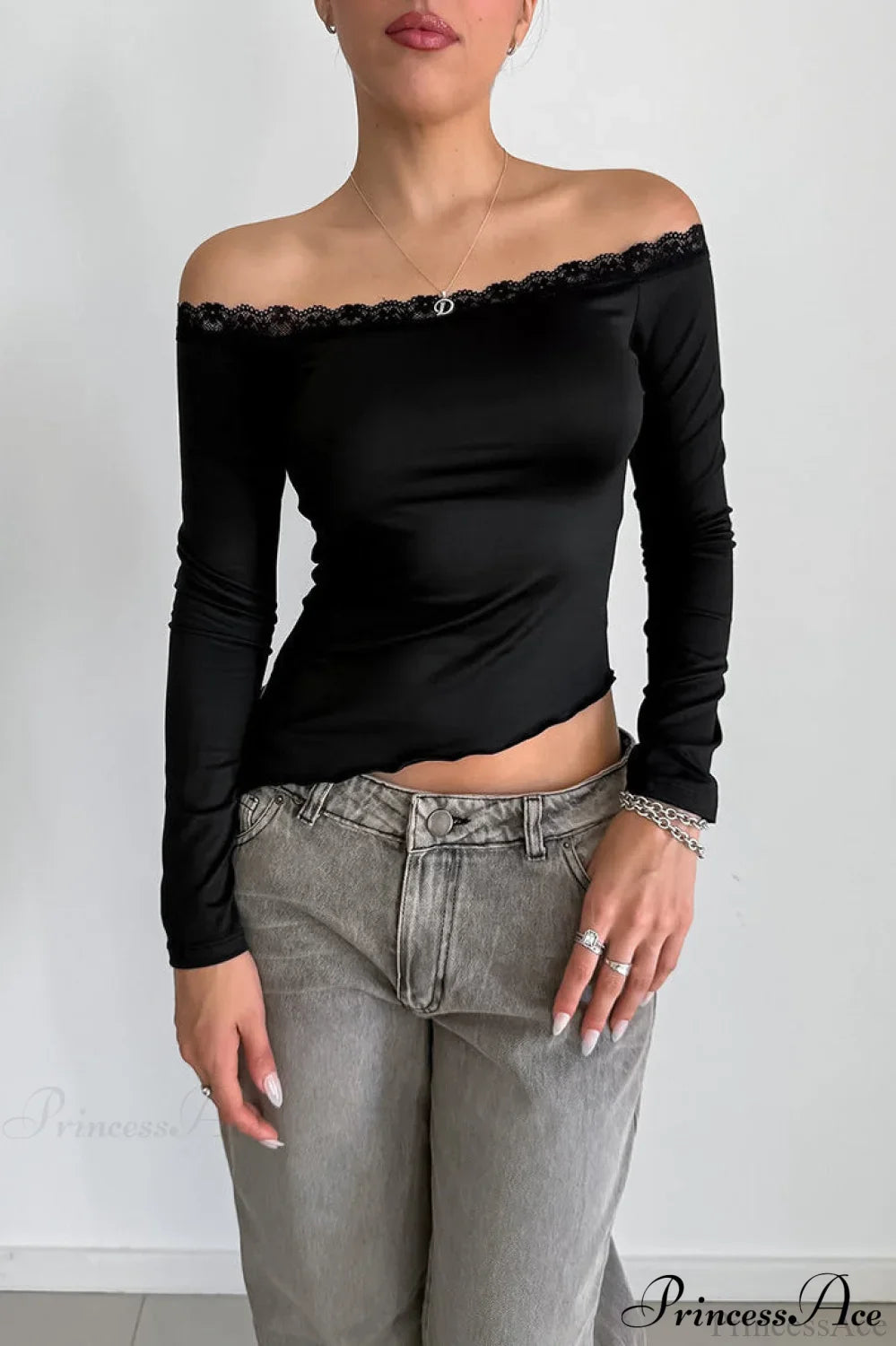 Lace Trimmed Off Shoulder Slim Long Sleeve Tee