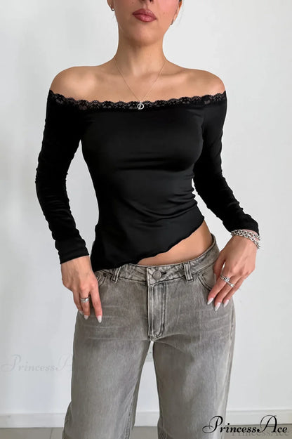 Lace Trimmed Off Shoulder Slim Long Sleeve Tee