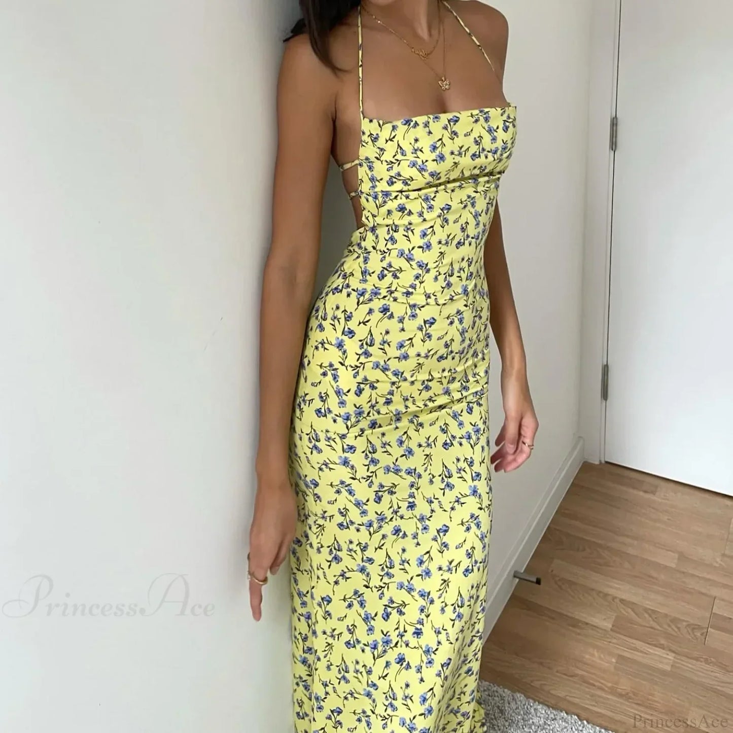 Lace-Up Halter Floral Backless Bodycon Dress