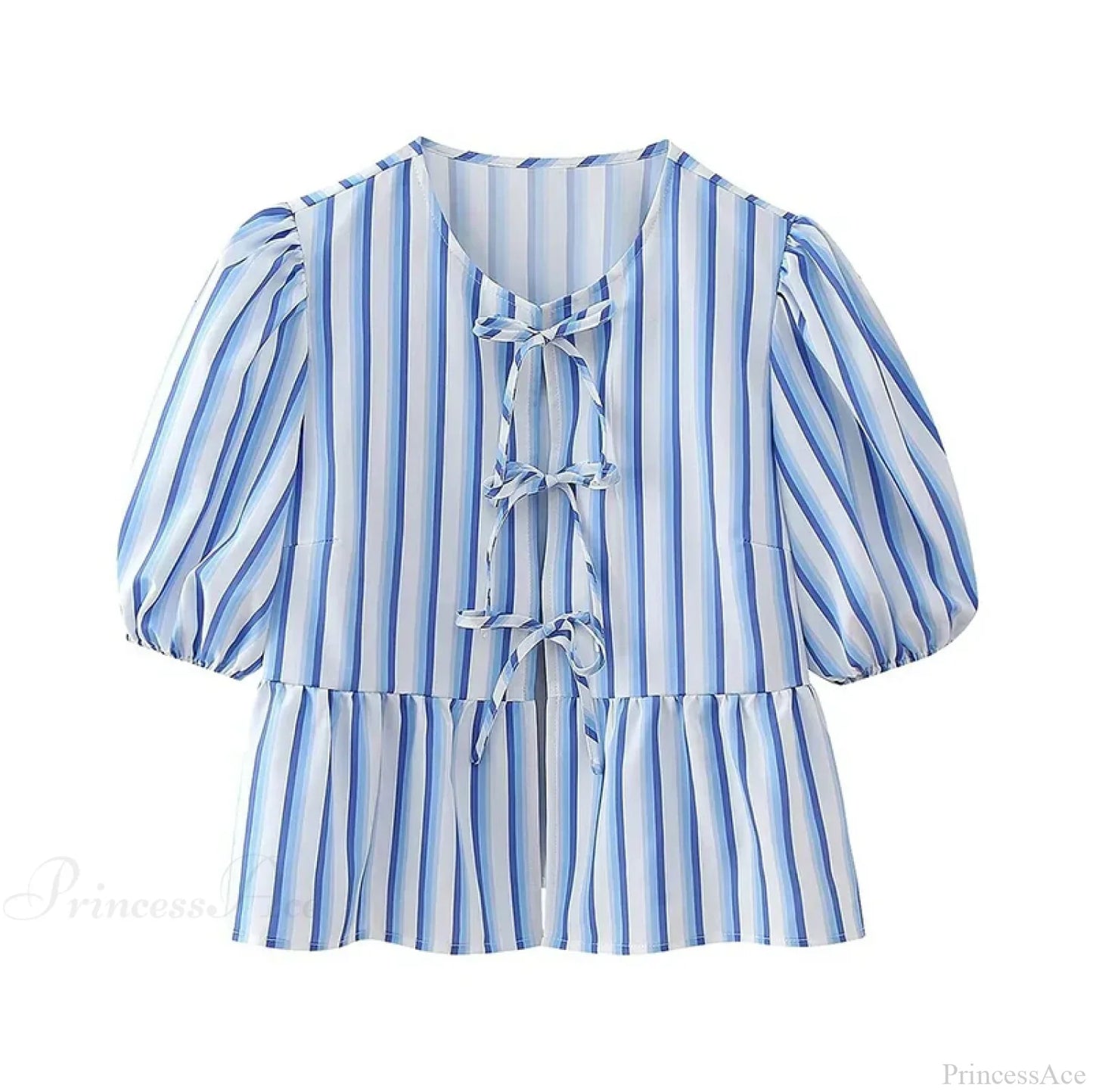 Lace Up Striped O-neck Loose Short Sleeve Blouse