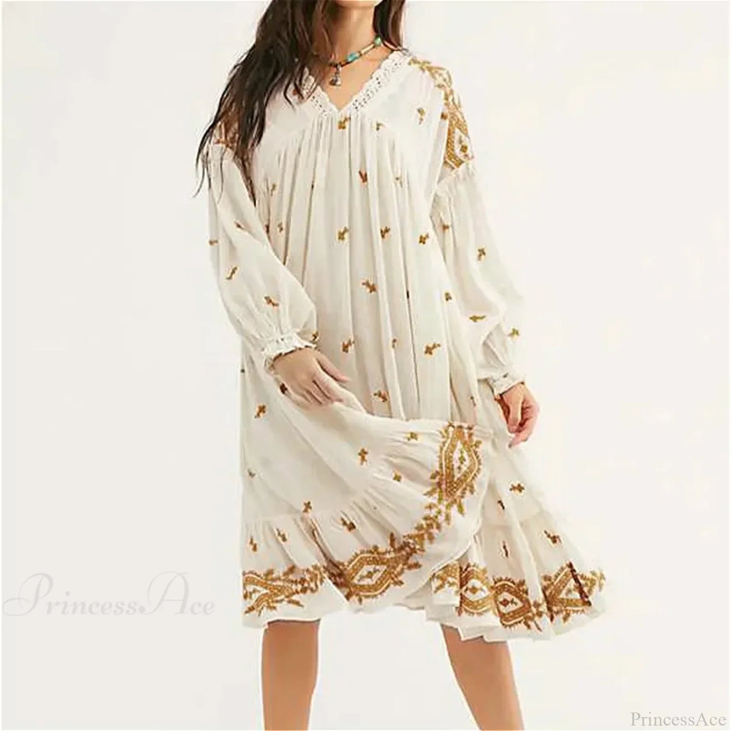 Lantern Long Sleeve Cotton Rayon Embroidery Dress