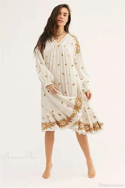 Lantern Long Sleeve Cotton Rayon Embroidery Dress