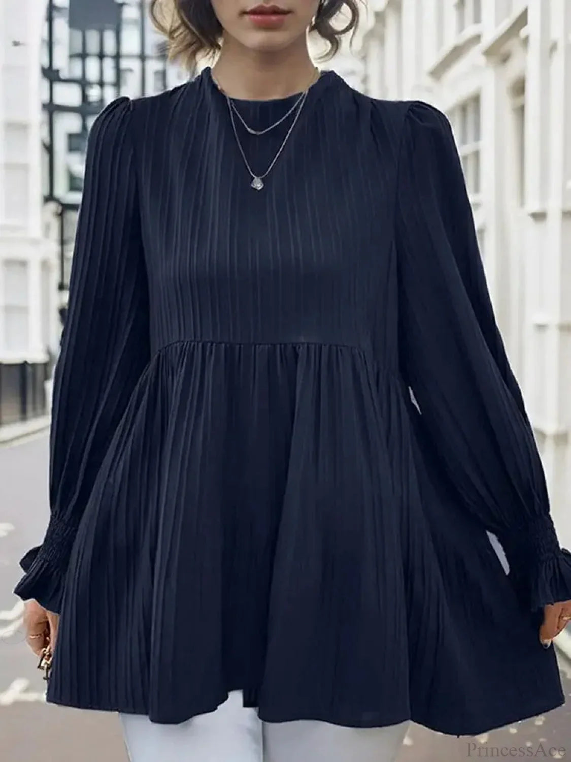Lantern Long Sleeve Pleated Blouse Casual Blouse