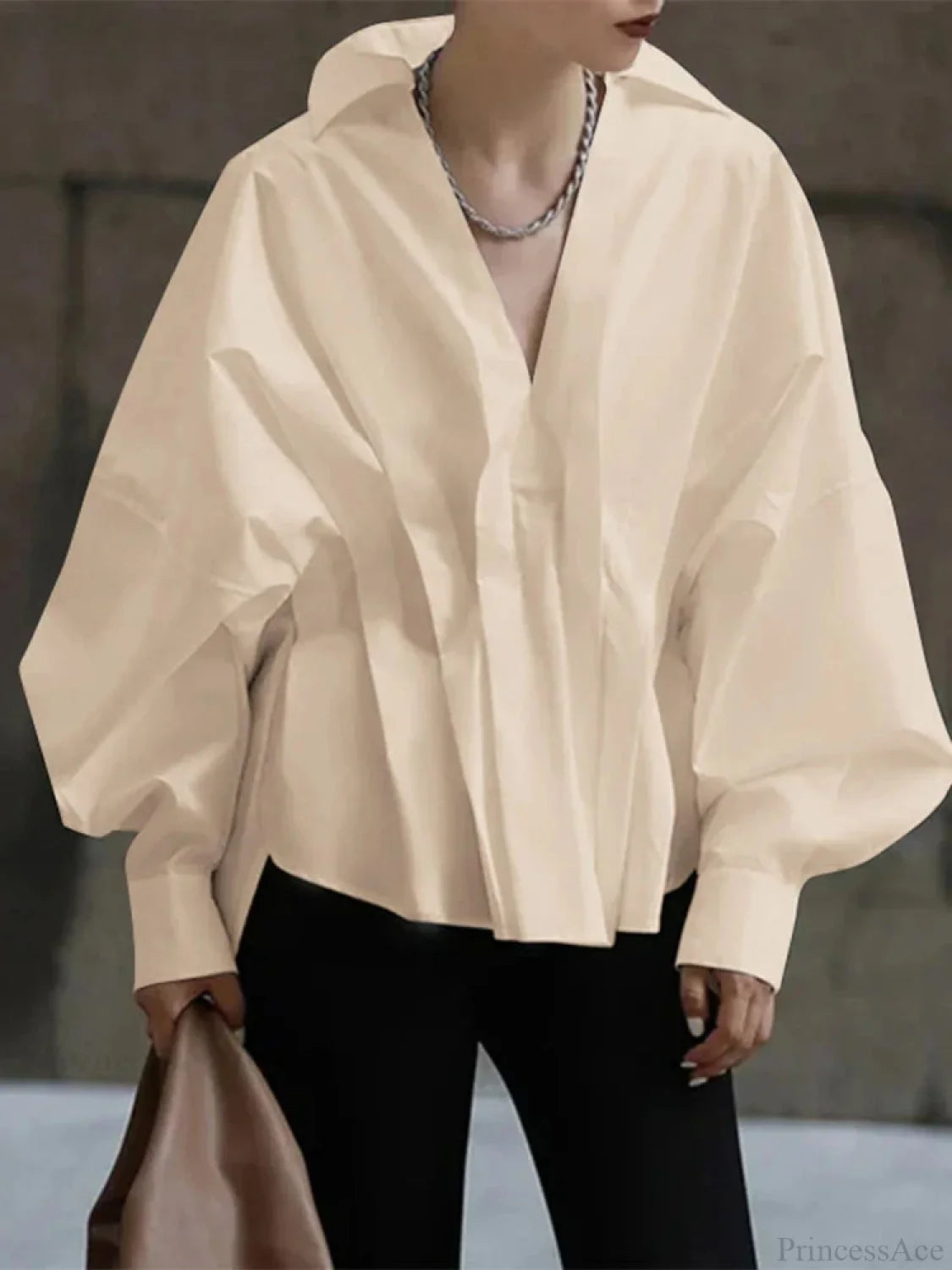 Lantern Long Sleeve Pleated Turn-down Collar Blouse