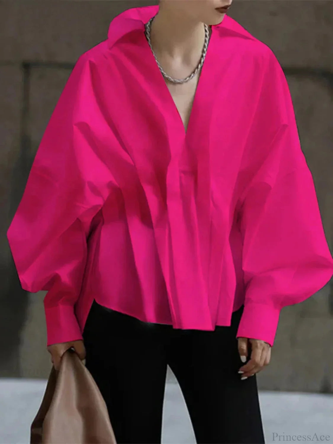 Lantern Long Sleeve Pleated Turn-down Collar Blouse