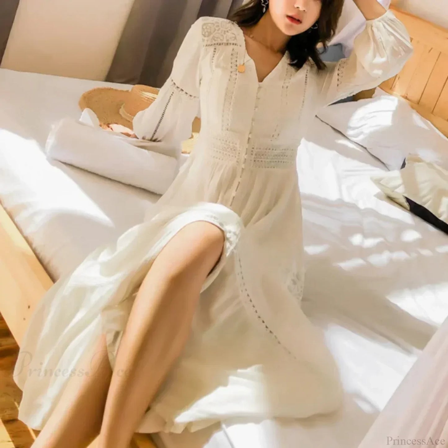 Lantern Sleeve Cotton Rayon Lace Splice Long Dress Vintage White V-neck