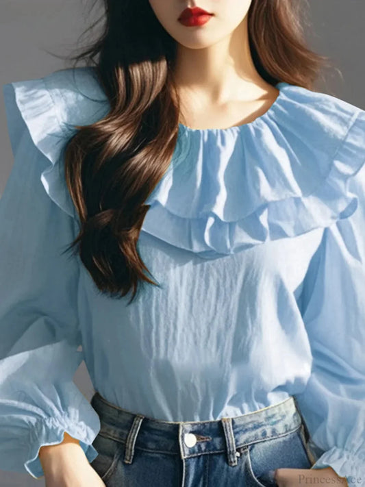 Lantern Sleeve Ruffled Round Neck Blouse