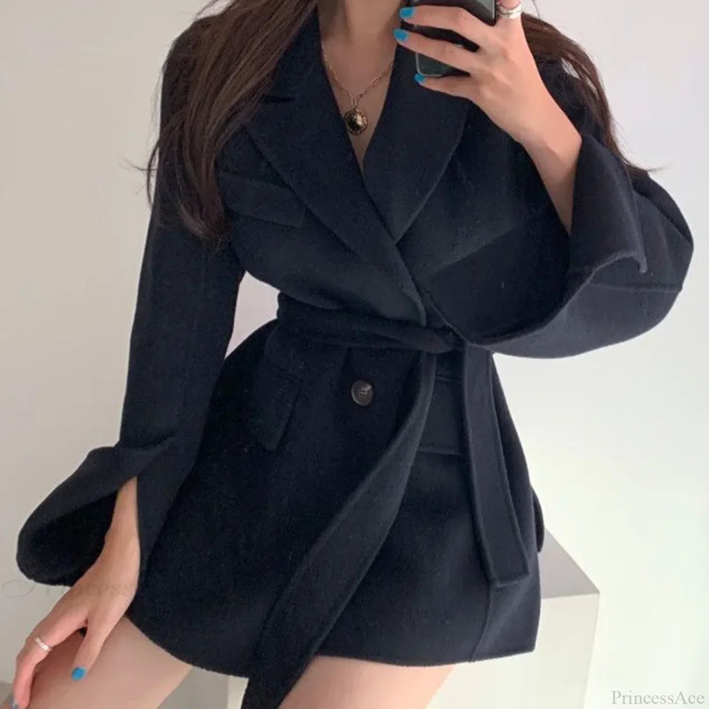 Lapel Belted Spliced Pockets Overcoat