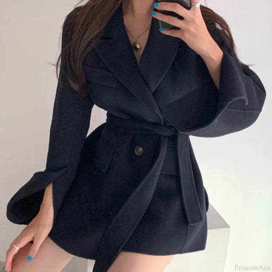 Lapel Belted Spliced Pockets Overcoat