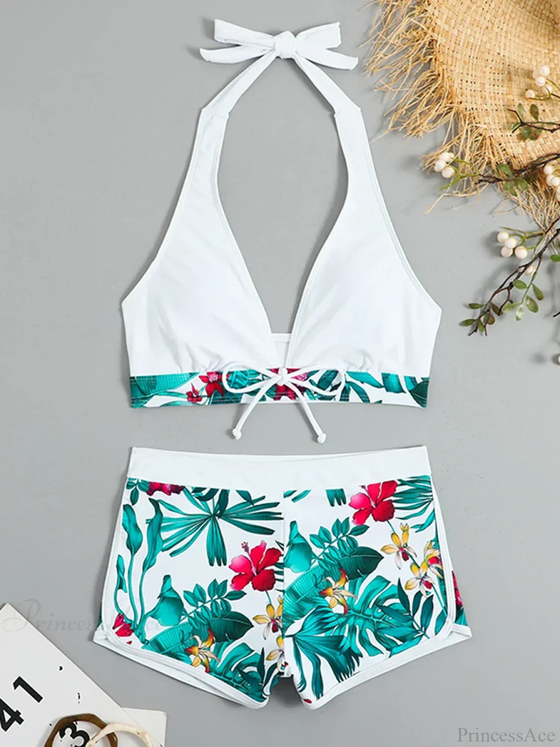 Leaf Print Knot Front Halter Two Piece Set