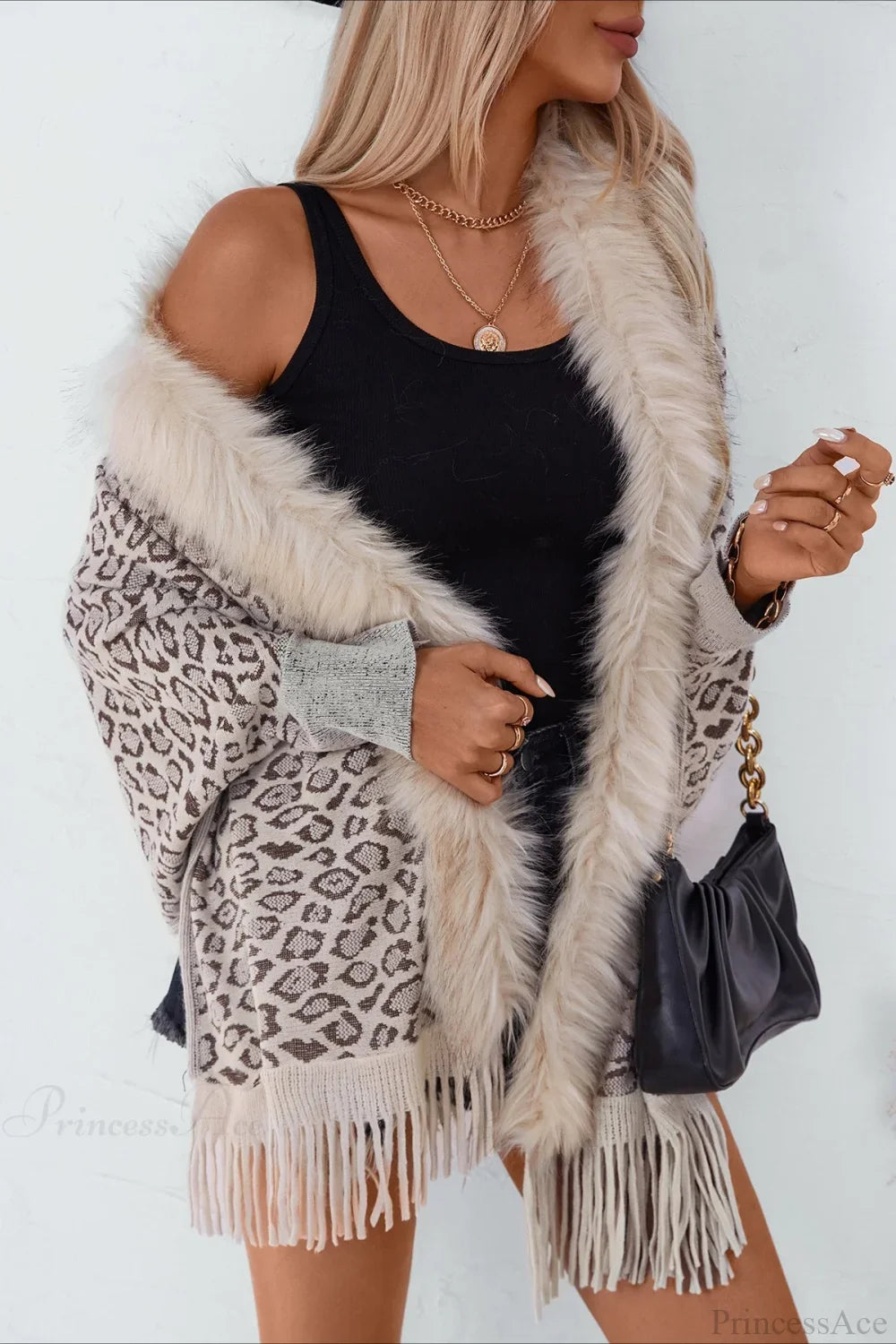 Leopard Print Fur Collar Shawl Batwing Knit Coat