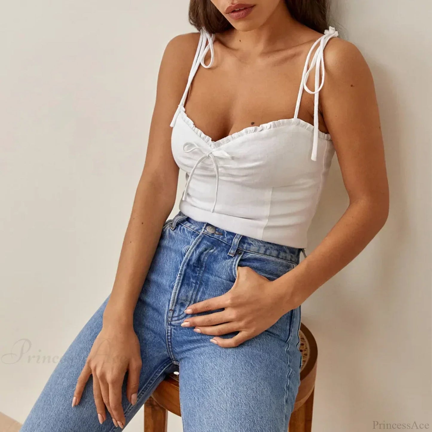 Linen Plaid Sweetheart Bow Tie Frill Spaghetti Strap Crop