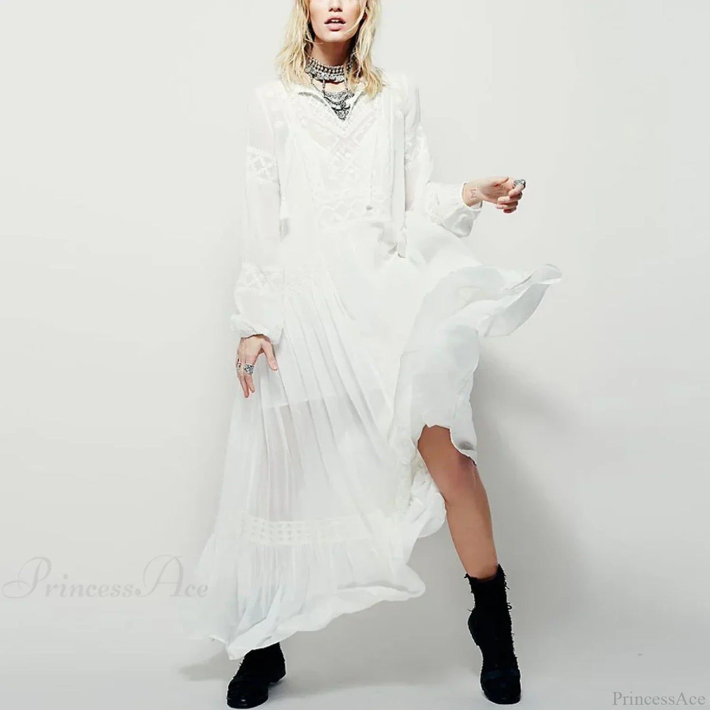 Long Sleeve Maxi Dress Red Floral Embroidery Tassel Boho Dress