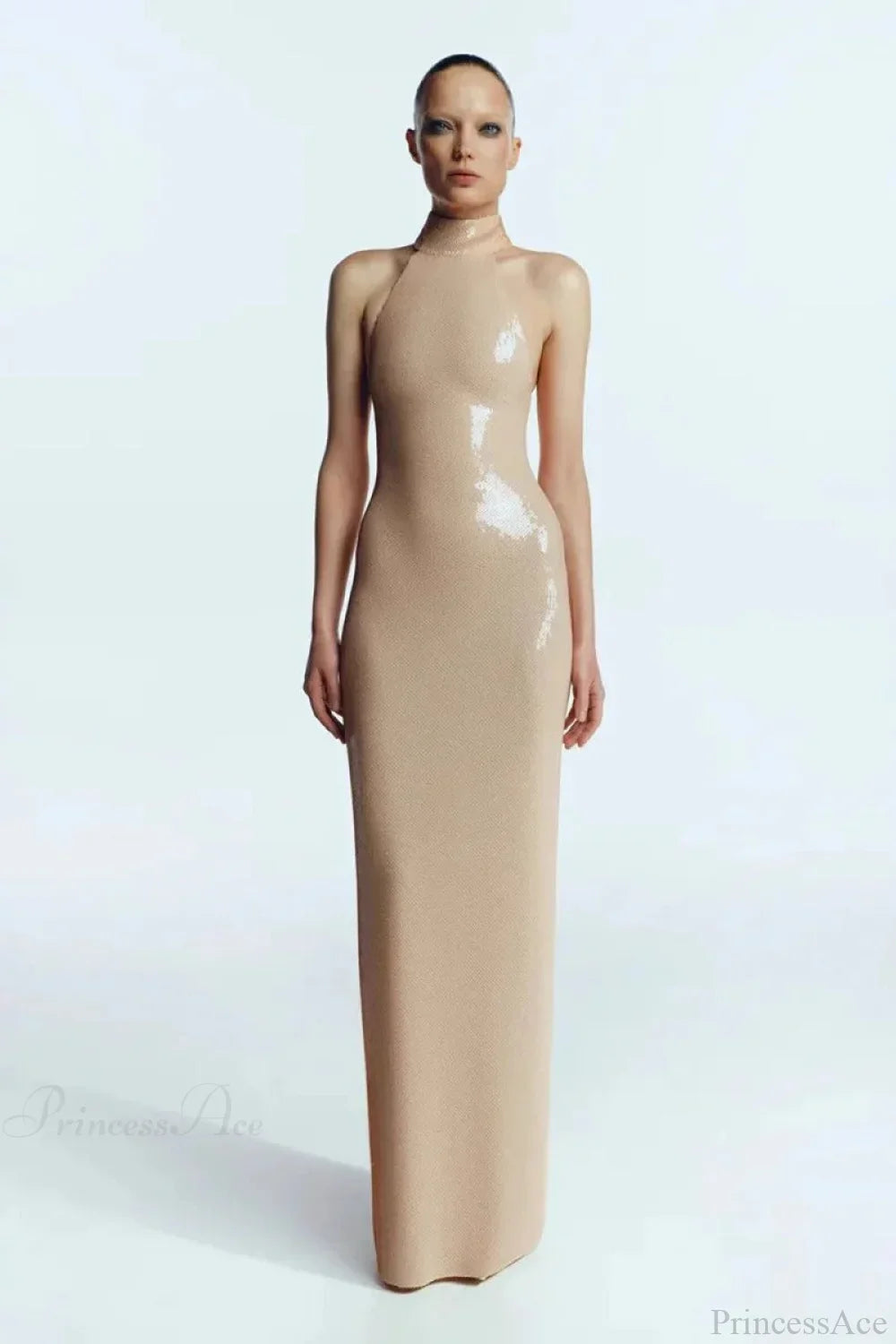 Long-Sleeve Sequin Slit Maxi Prom Dress