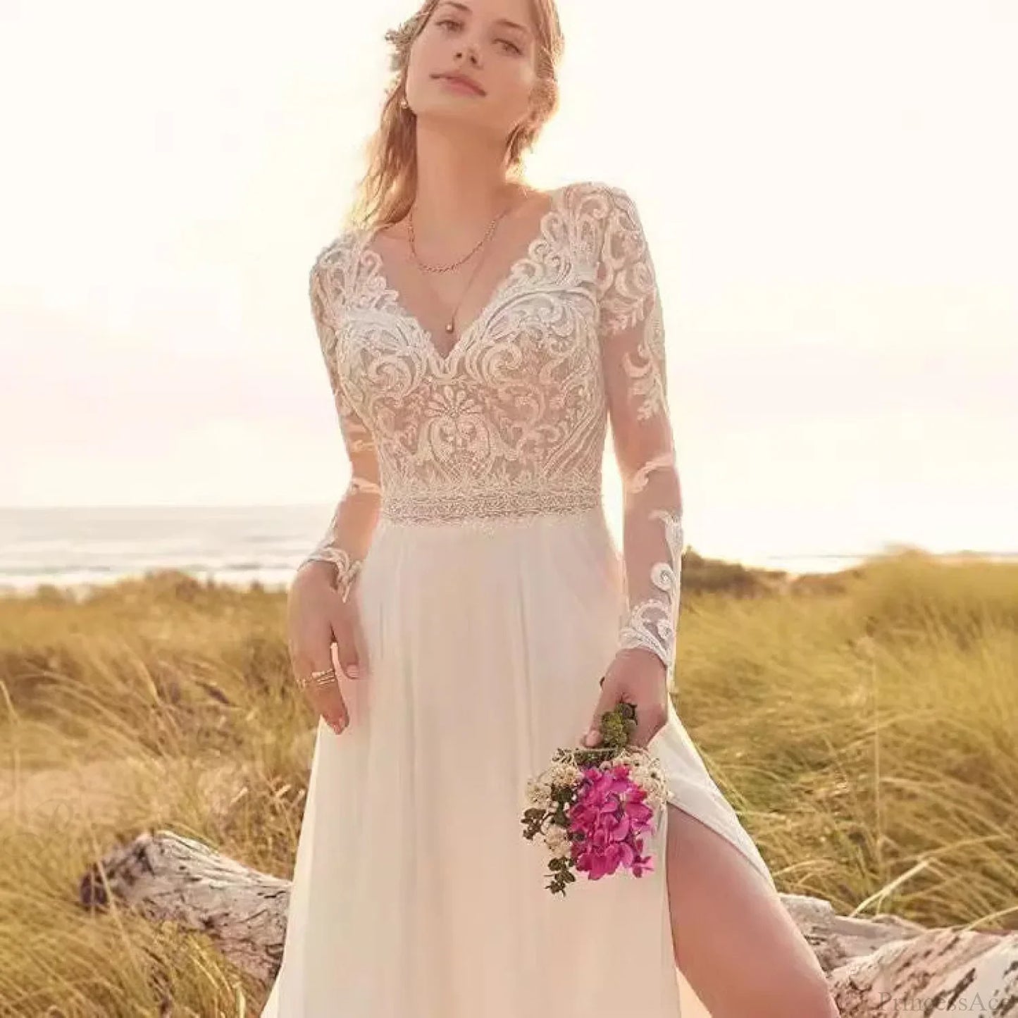 Long Sleeve Sheer Tulle Bridal Wedding Dress