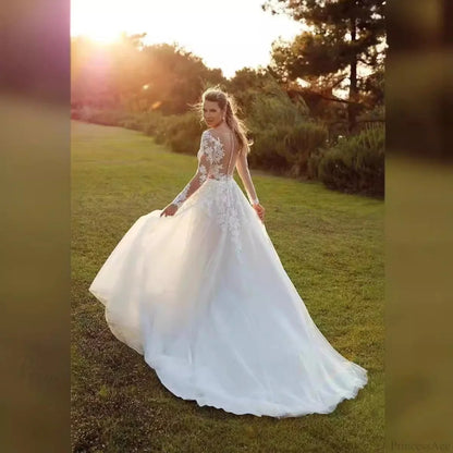 Long Sleeve Sheer Tulle Bridal Wedding Dress