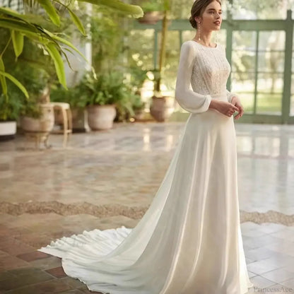 Long Sleeve Sheer Tulle Bridal Wedding Dress