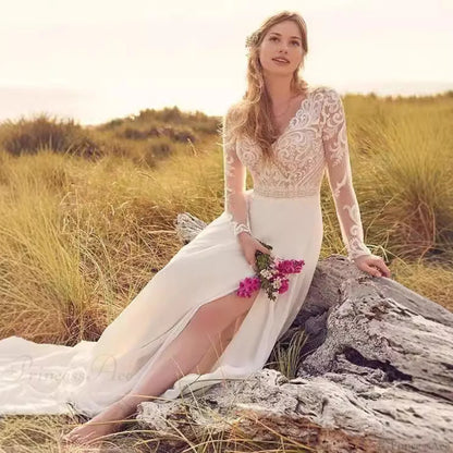 Long Sleeve Sheer Tulle Bridal Wedding Dress