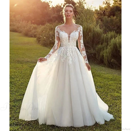 Long Sleeve Sheer Tulle Bridal Wedding Dress