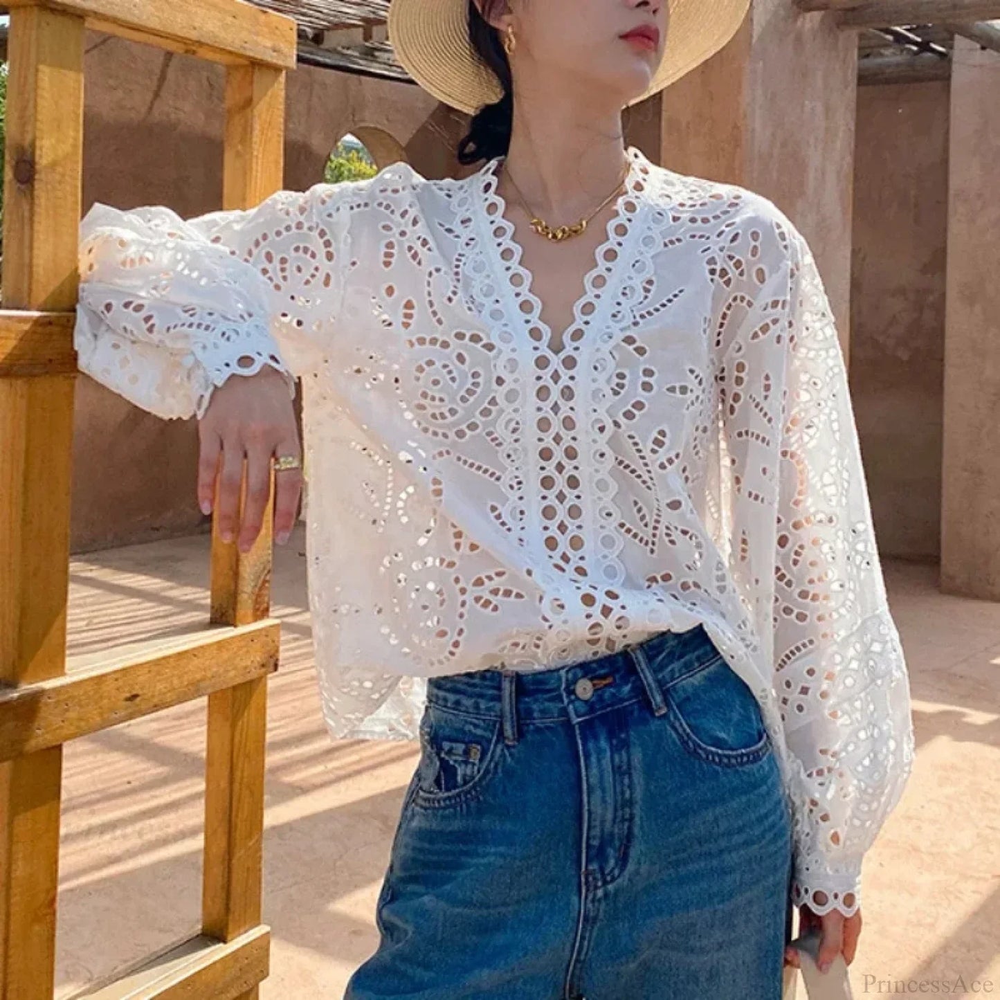 Long Sleeve V-Neck Hollow Out Floral Lace Boho Blouse