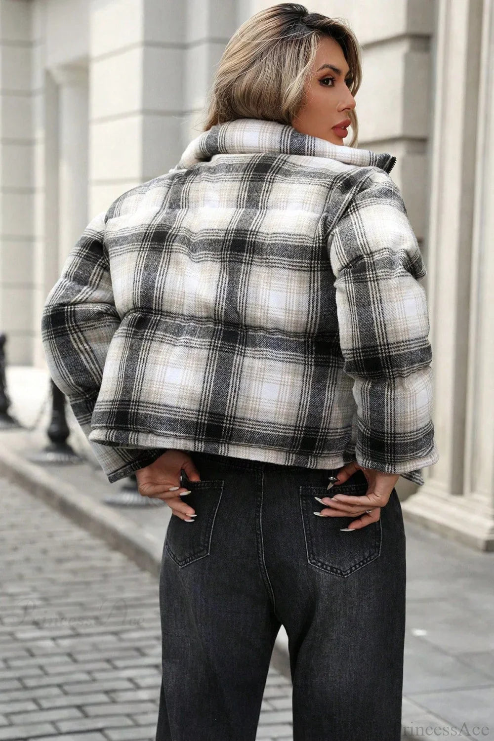 Loose Versatile Plaid Cropped Cotton Coat