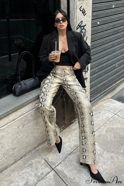 Low-Waist Snake Print Wide-Leg Jeans