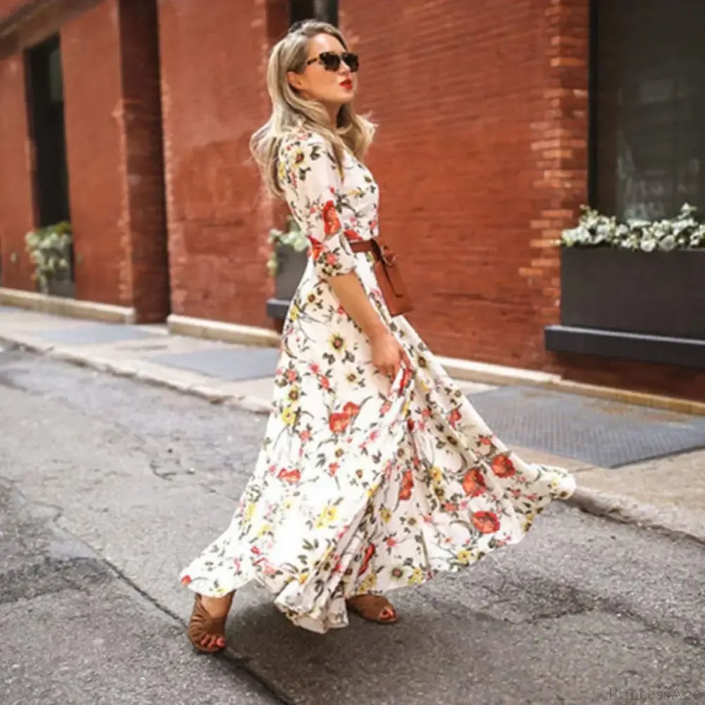 Maxi Dress Flower Print Pleated Swing Evening Dress