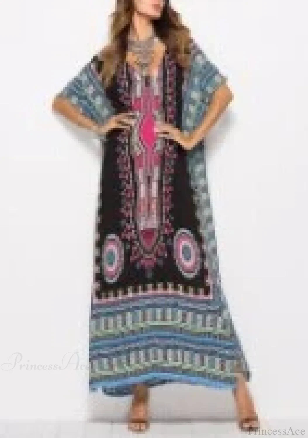Maxi Kaftan Dress Rayon Ethnic Floral Print Beach Sundress