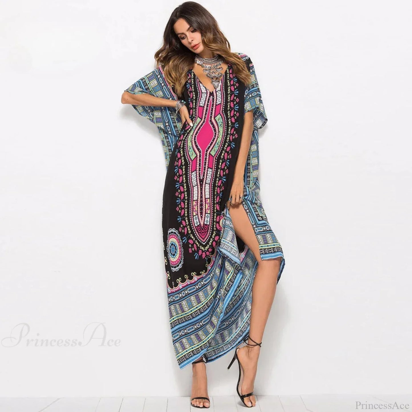 Maxi Kaftan Dress Rayon Ethnic Floral Print Beach Sundress