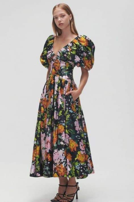 Xaviera® | Printed Midi Dress  With V-Neck And Puff Sleeves