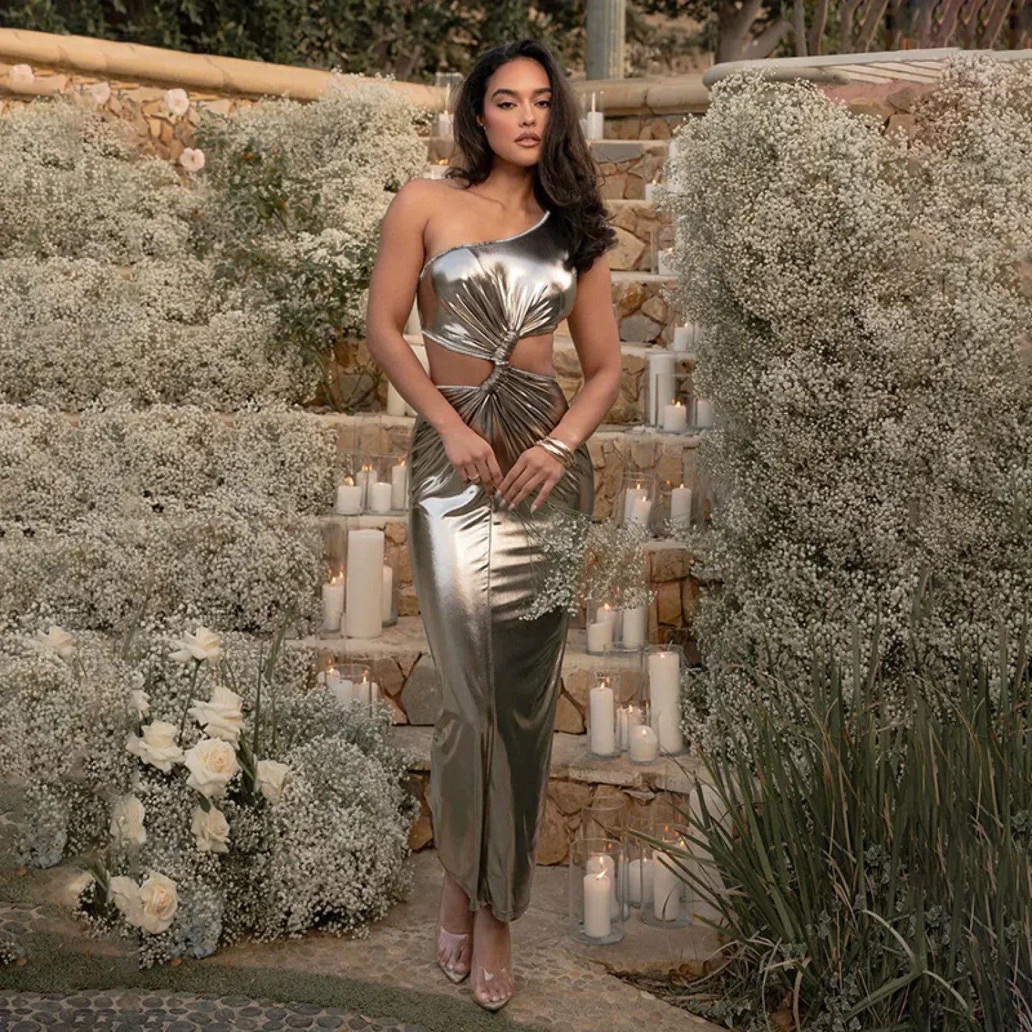 Metal Slim Bodycon Midi Vacation Dress