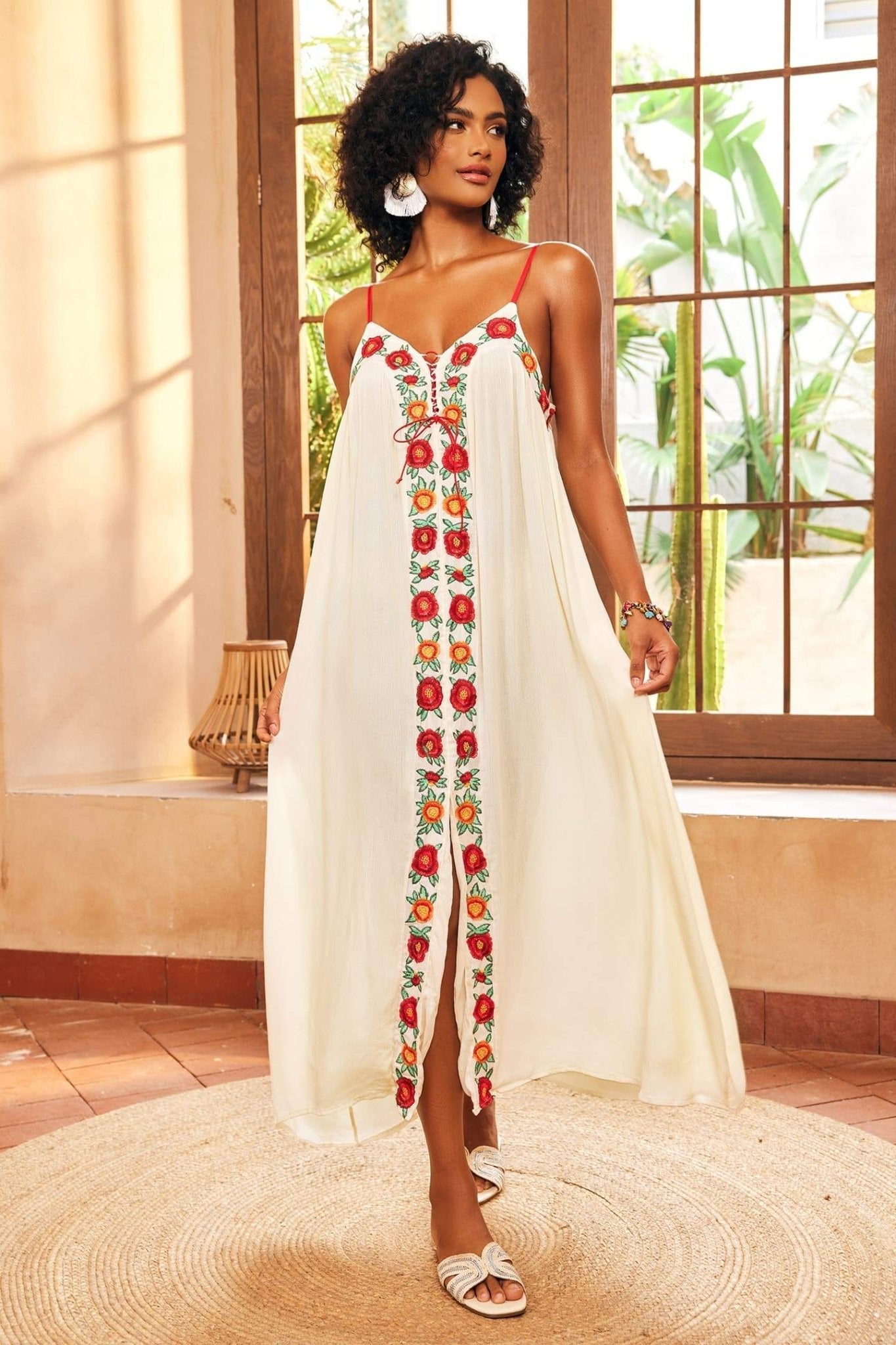 Cristina® | Maxi Slip With V-Neck And Floral Embroidery