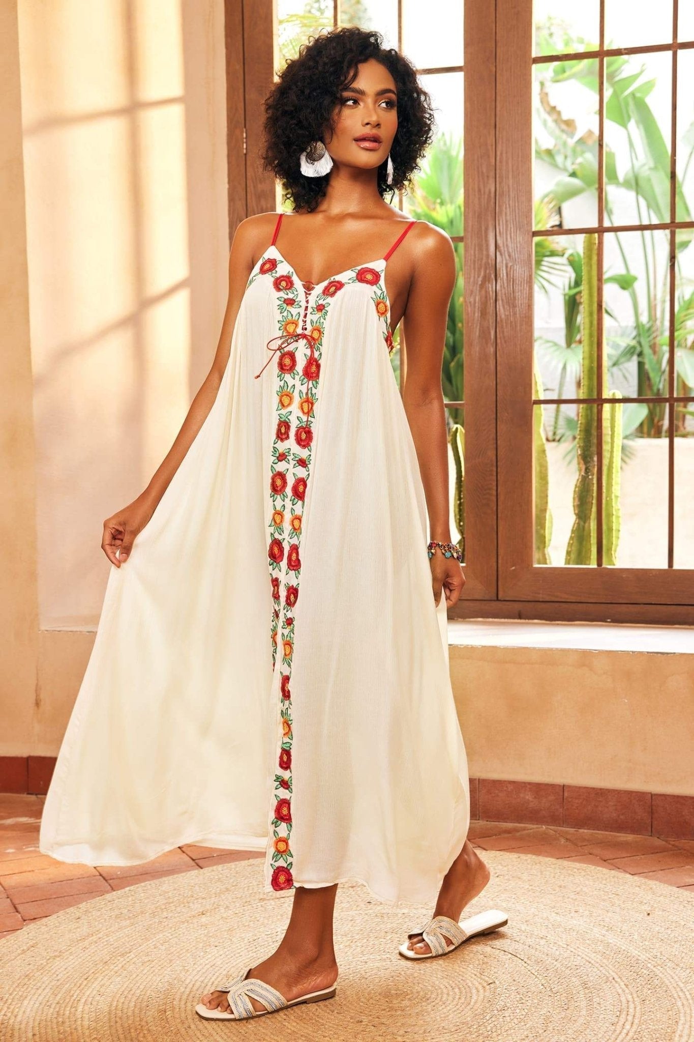 Cristina® | Maxi Slip With V-Neck And Floral Embroidery