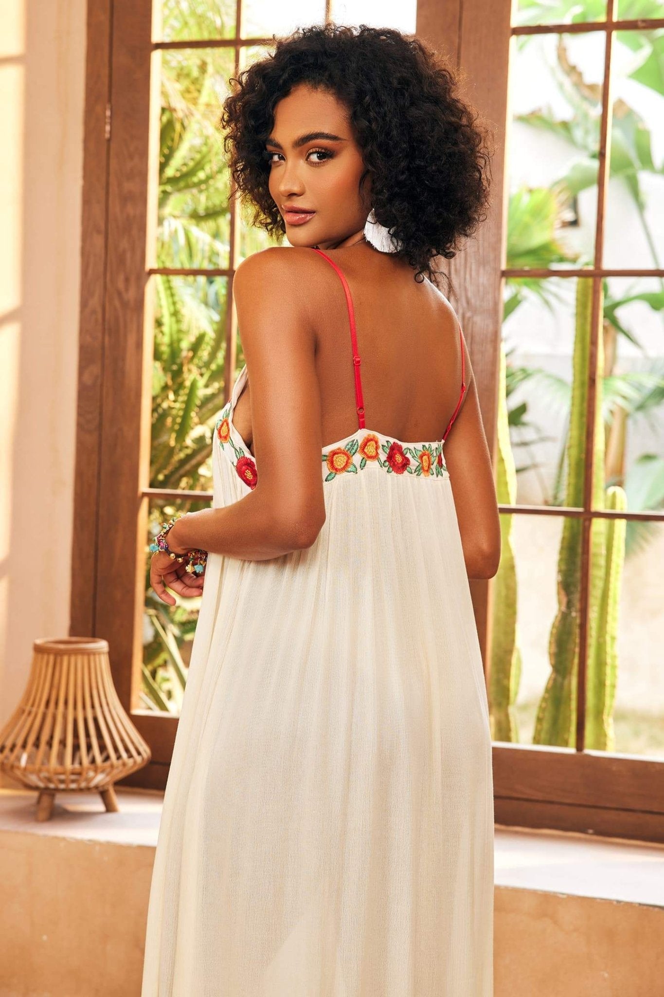 Cristina® | Maxi Slip With V-Neck And Floral Embroidery